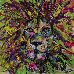Löwe under Power, 50 cm x 50 cm, Sabine Kraftmeier, Action Painting